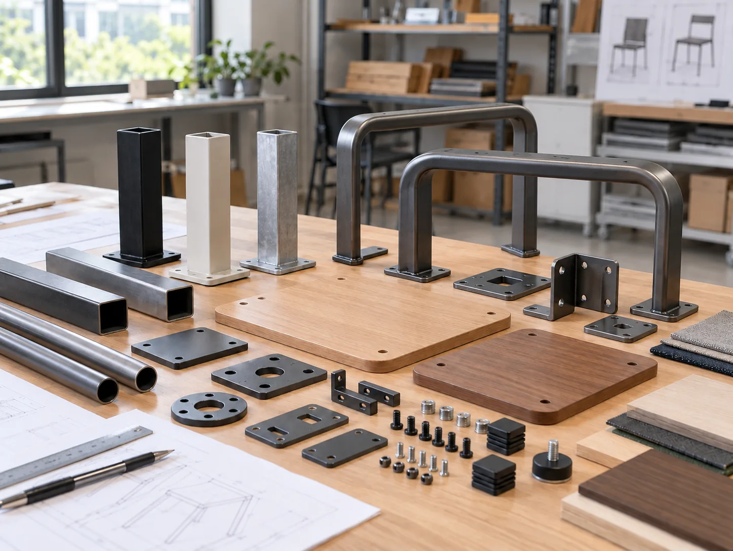 Knock-down steel tubes, U-frames, wood samples and hardware laid out on a workbench
