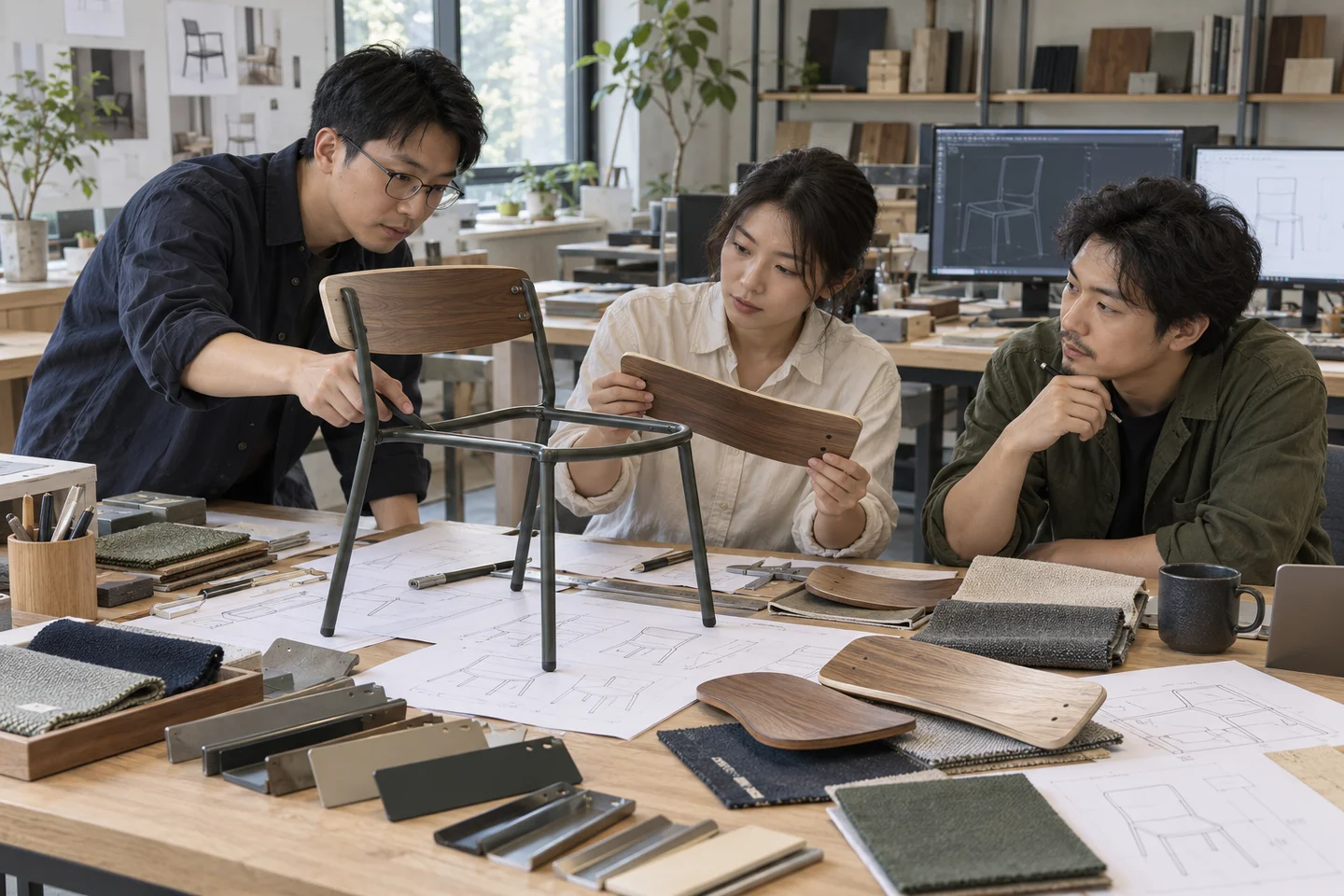 Designers reviewing drawings and steel-wood samples for an inquiry