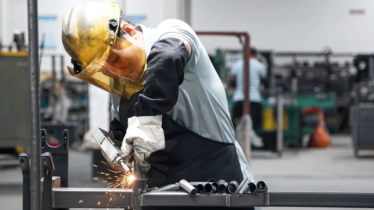 Welder joining a steel-tube connection under a protective hood