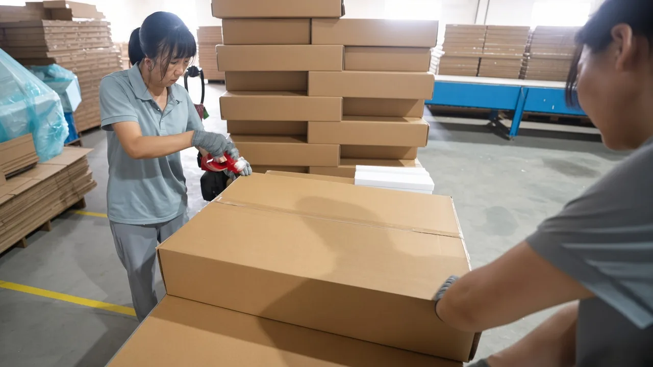 Workers packing foam-wrapped knock-down frames and panels into an export carton