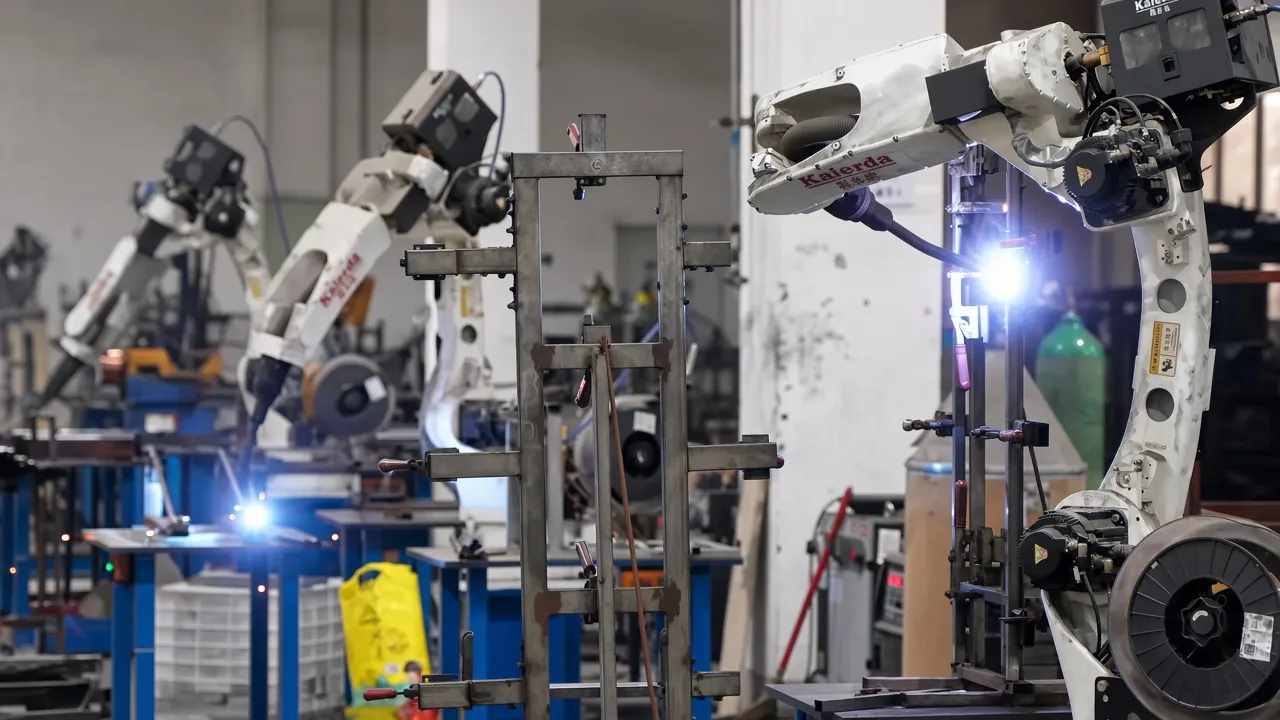 Robotic arm welding knock-down steel-tube furniture joints on fixture