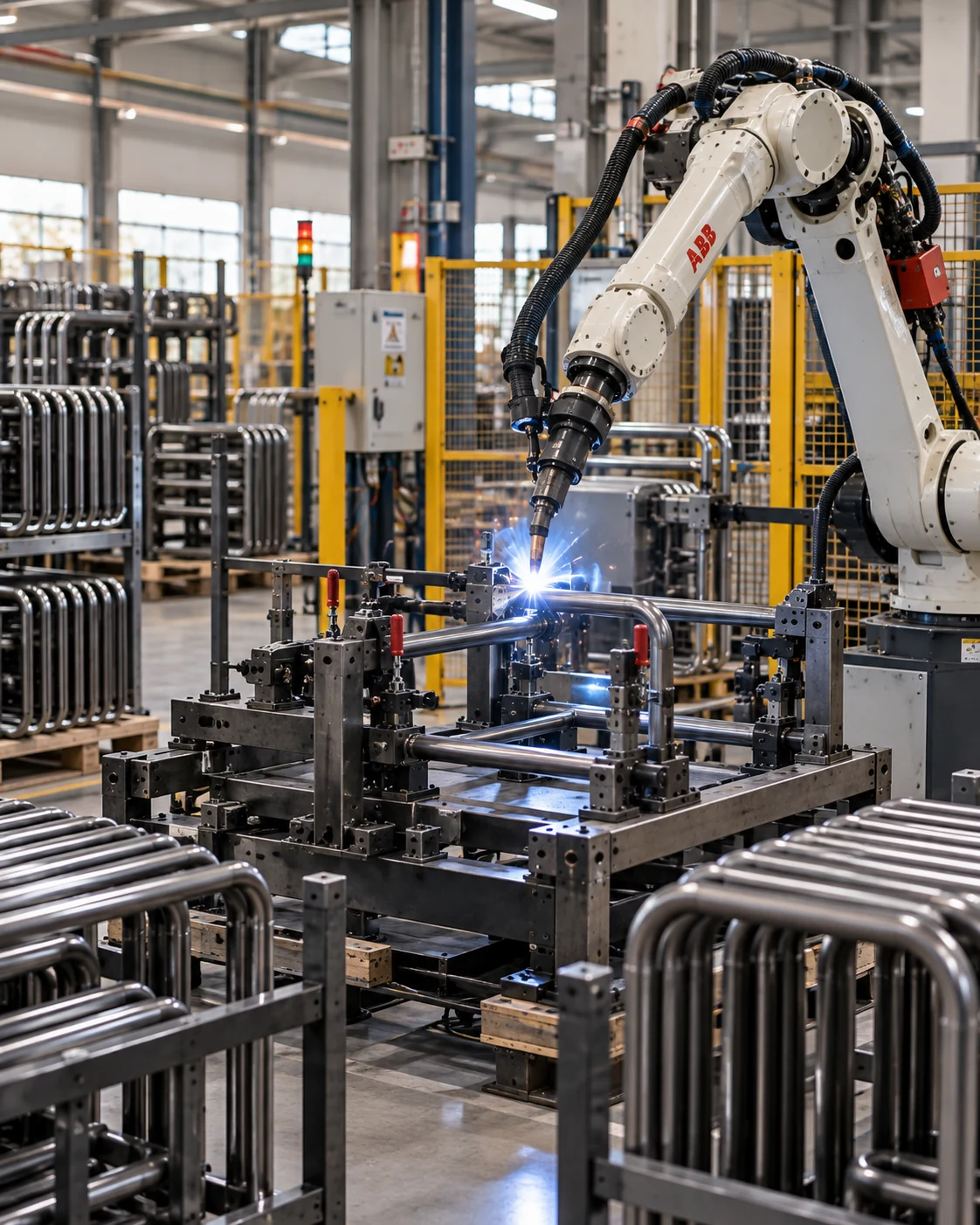 Robotic arm welding knock-down steel-tube furniture parts on fixture