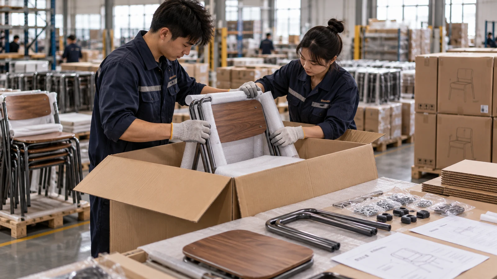 Workers packing foam-protected furniture parts into an export carton