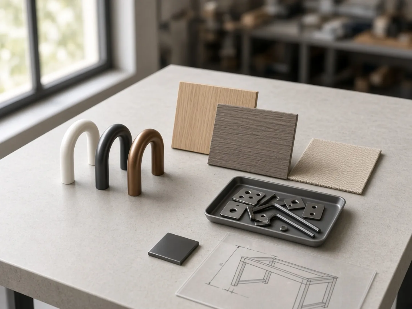 Wood samples, tube finishes and assembly drawing on the sampling bench