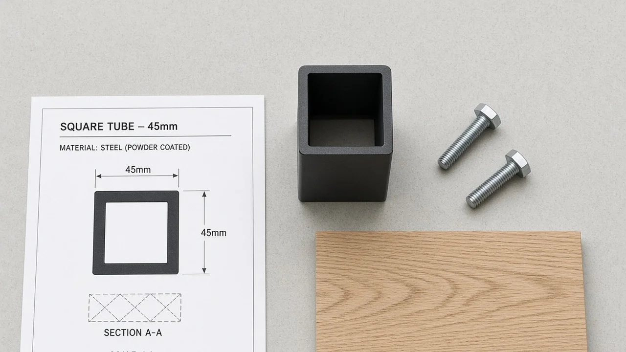 Hands-free sampling desk: black square steel tube, 45 mm tube drawing, woodgrain swatch and bolts