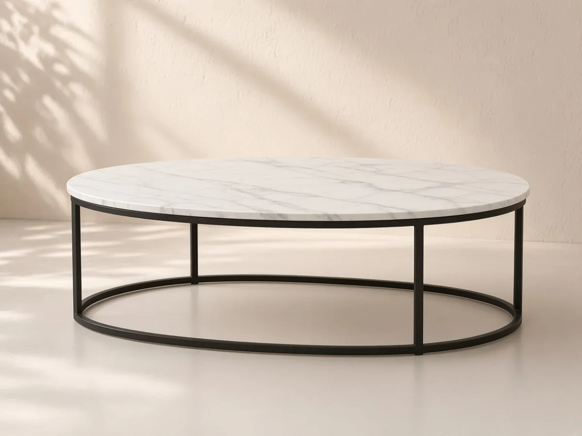 Oval coffee table — Oval stone-effect top and an open slender steel frame