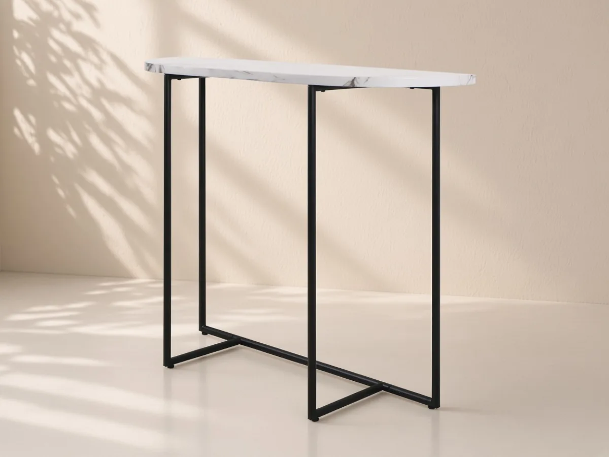 Console table — Slim elongated top, slender steel uprights and a floor stretcher