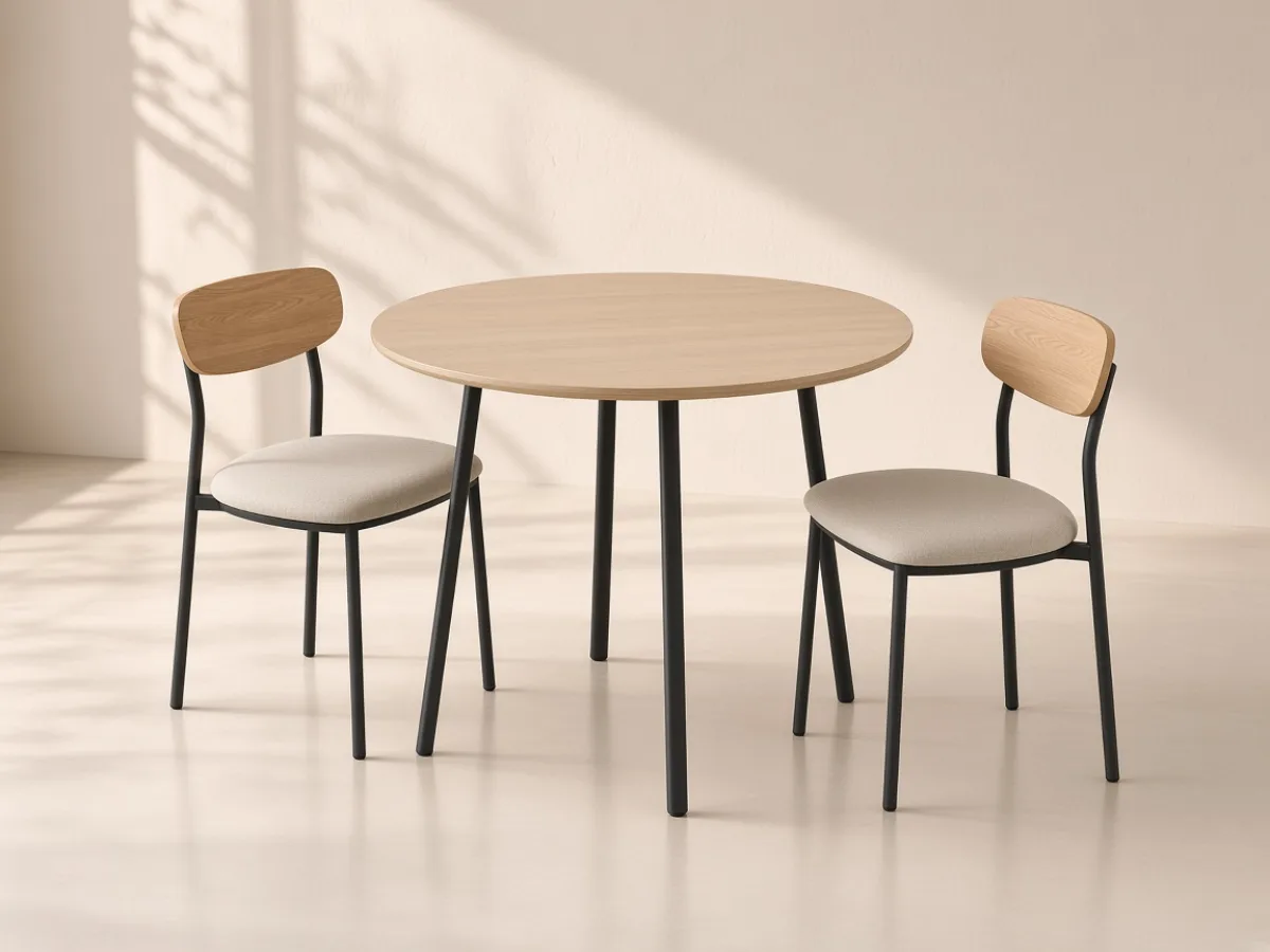 Compact dining for two — Round tabletop, slender metal legs and upholstered armless chairs
