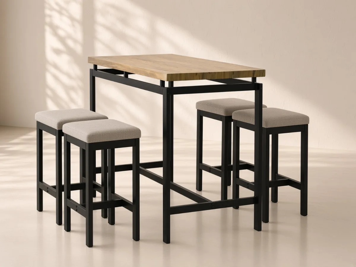 Counter-height dining set — Counter-height wood top, black steel frame and upholstered stools with footrests