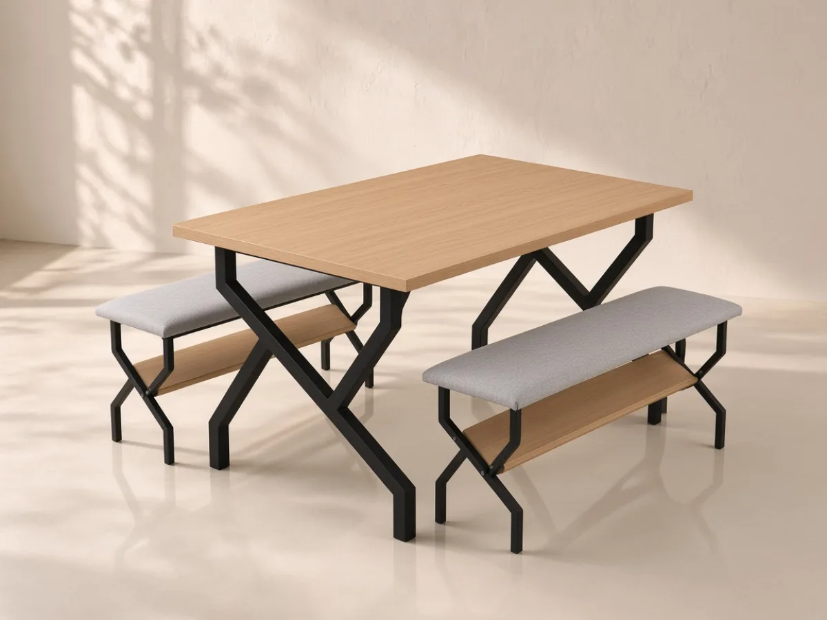 Table with twin benches — Woodgrain table, crossed steel legs and upholstered backless benches