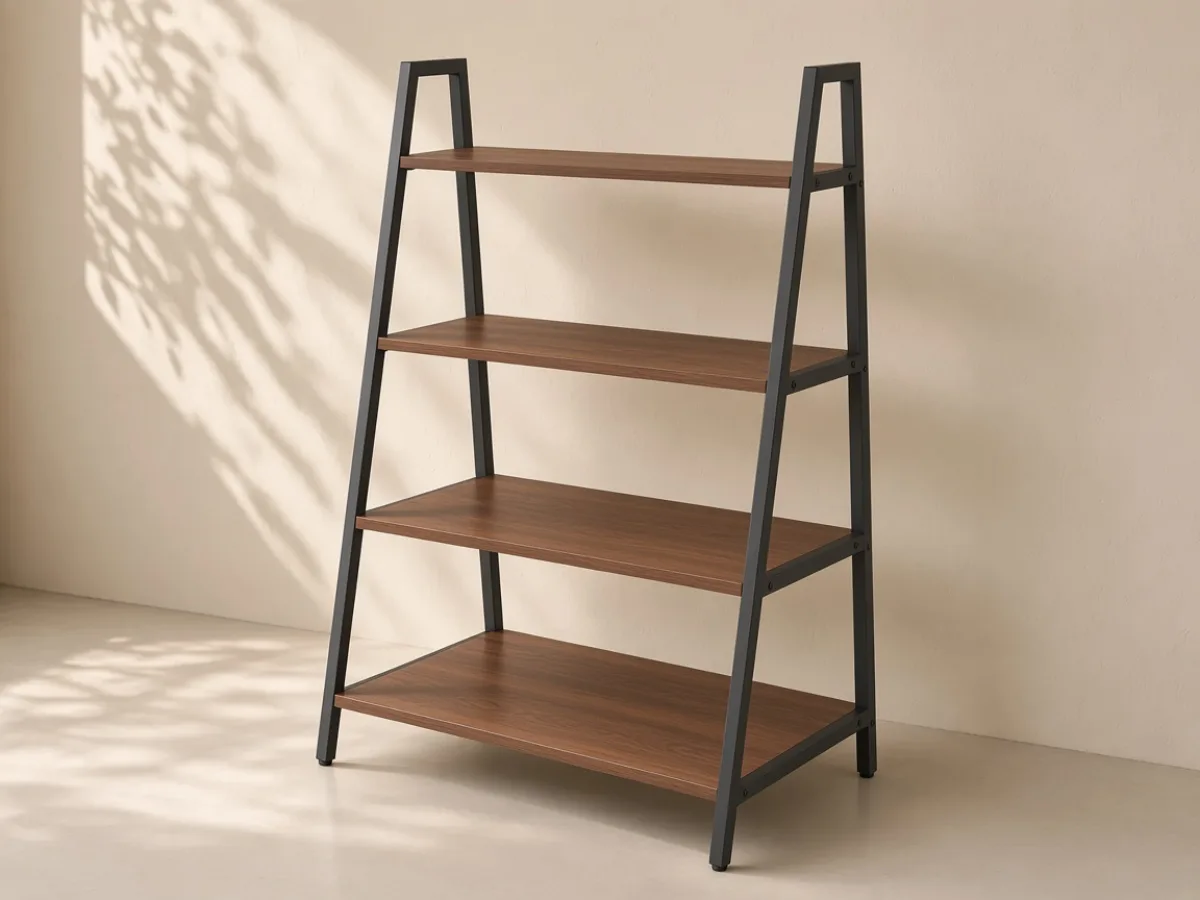 5-tier rack — Multiple wood shelves, black steel uprights and a ladder or straight side frame