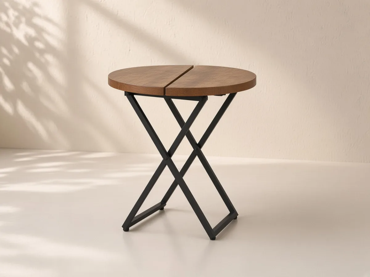 Folding round table — Round woodgrain top and folding X steel legs