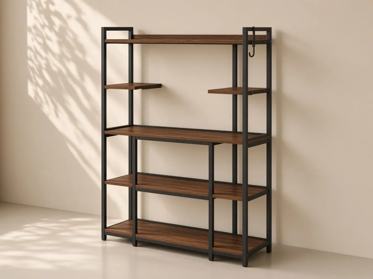 Kitchen rack — Multiple wood shelves, black steel frame, side hooks and open bays