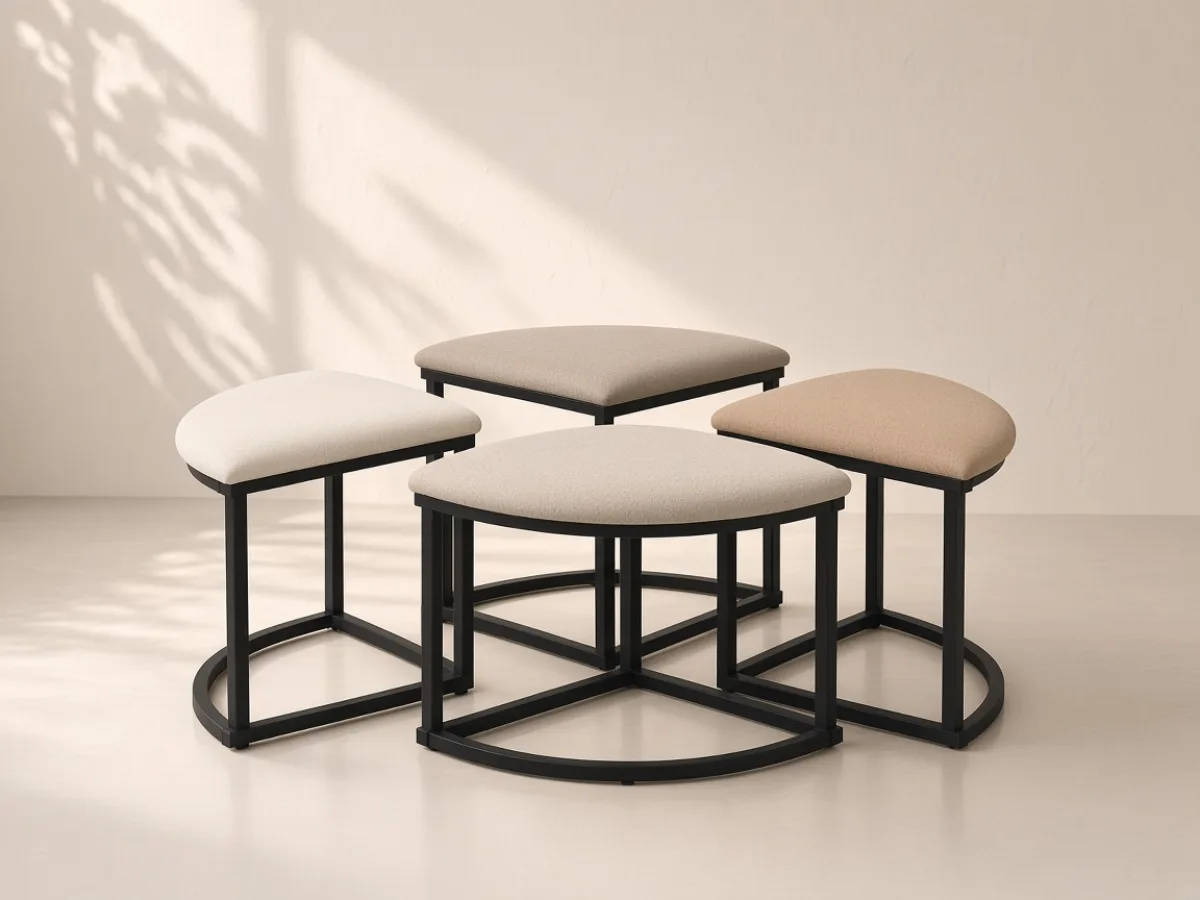 Nesting stool set — Arc upholstered tops and black metal bases in a four-piece set