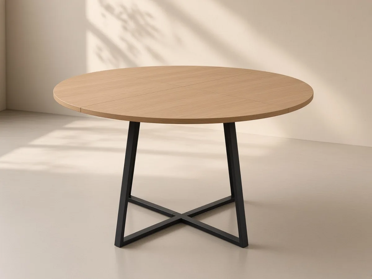 Round dining table — Round woodgrain top and crossed steel pedestal base