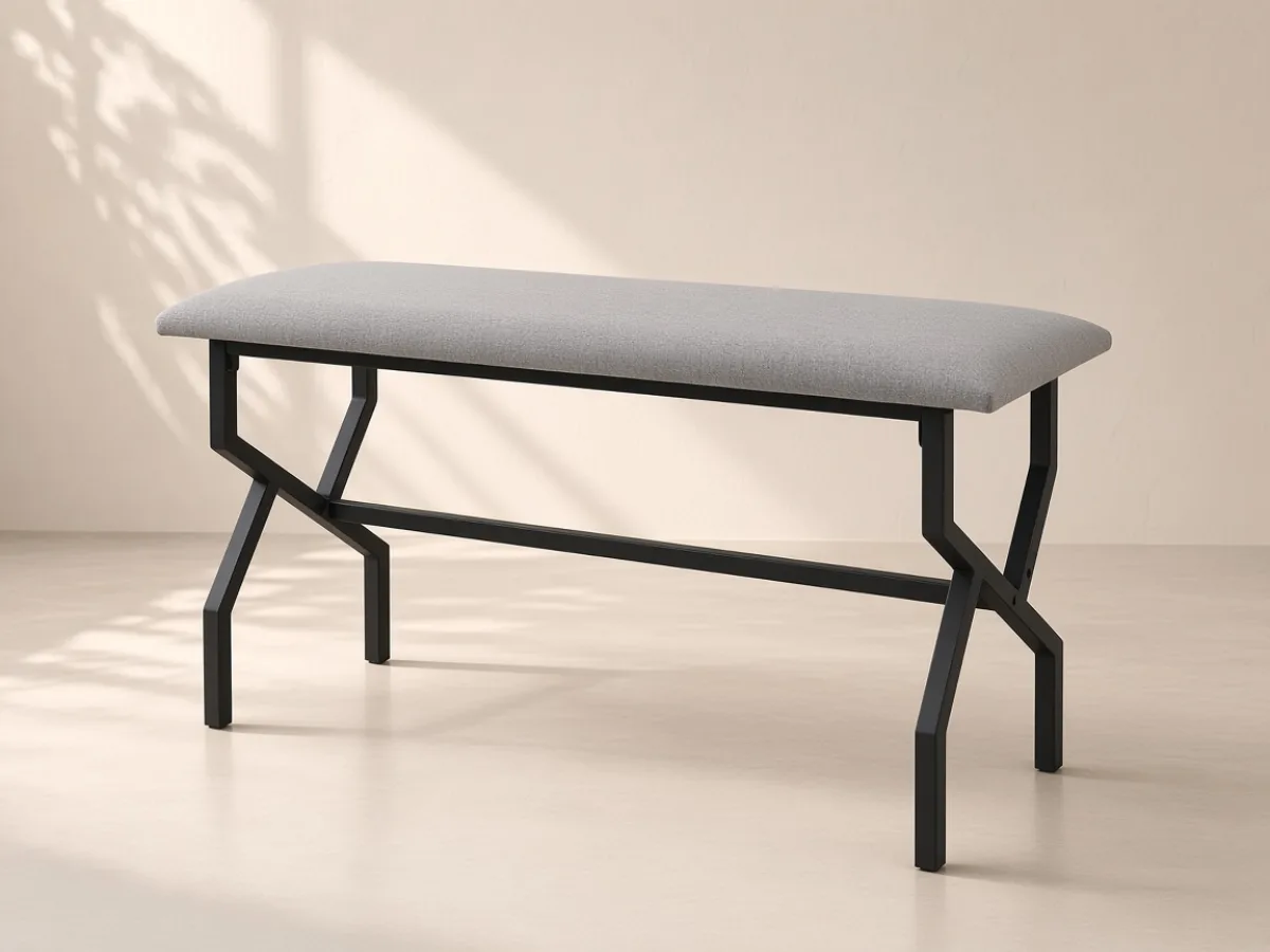 Upholstered bench — Long upholstered seat and crossed steel leg frame