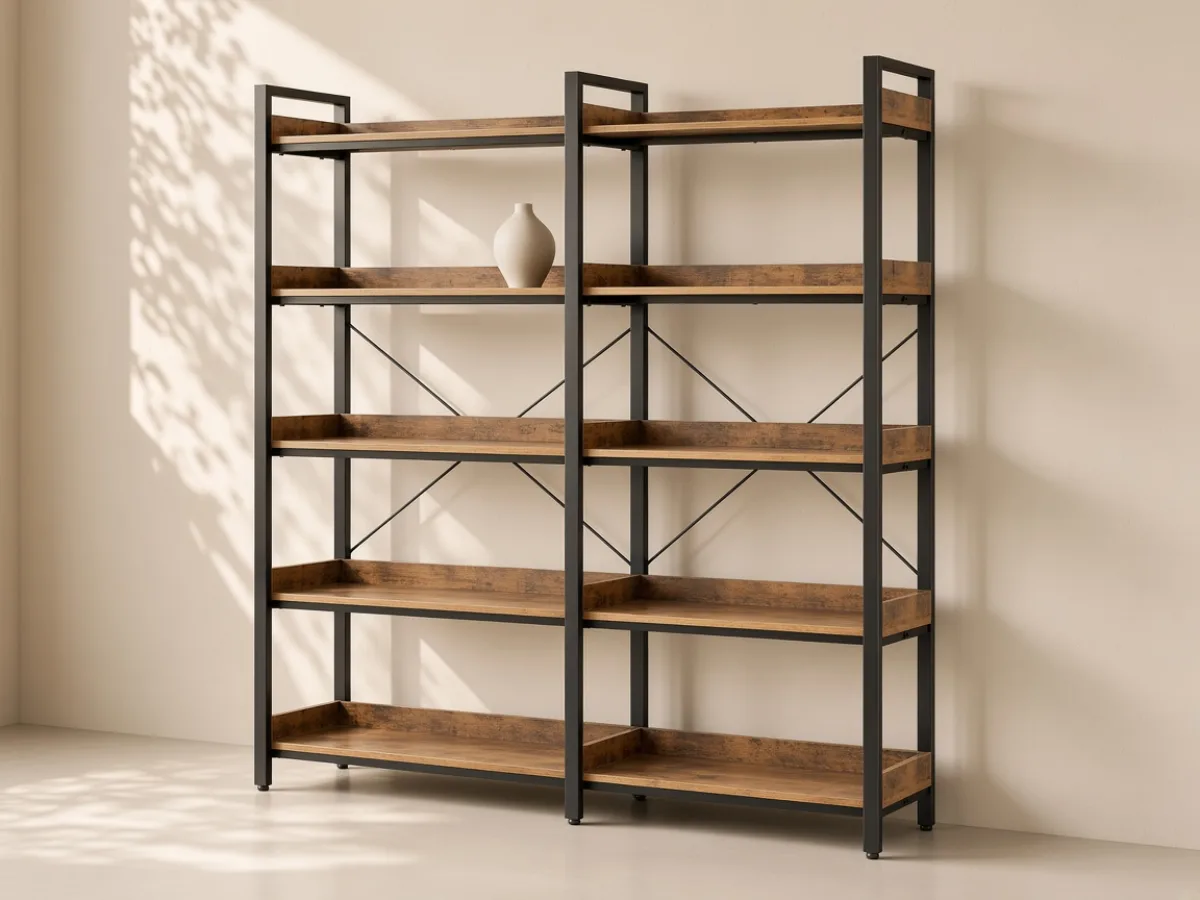 Wide open bookcase — Double-bay shelves, black steel skeleton and rear bracing