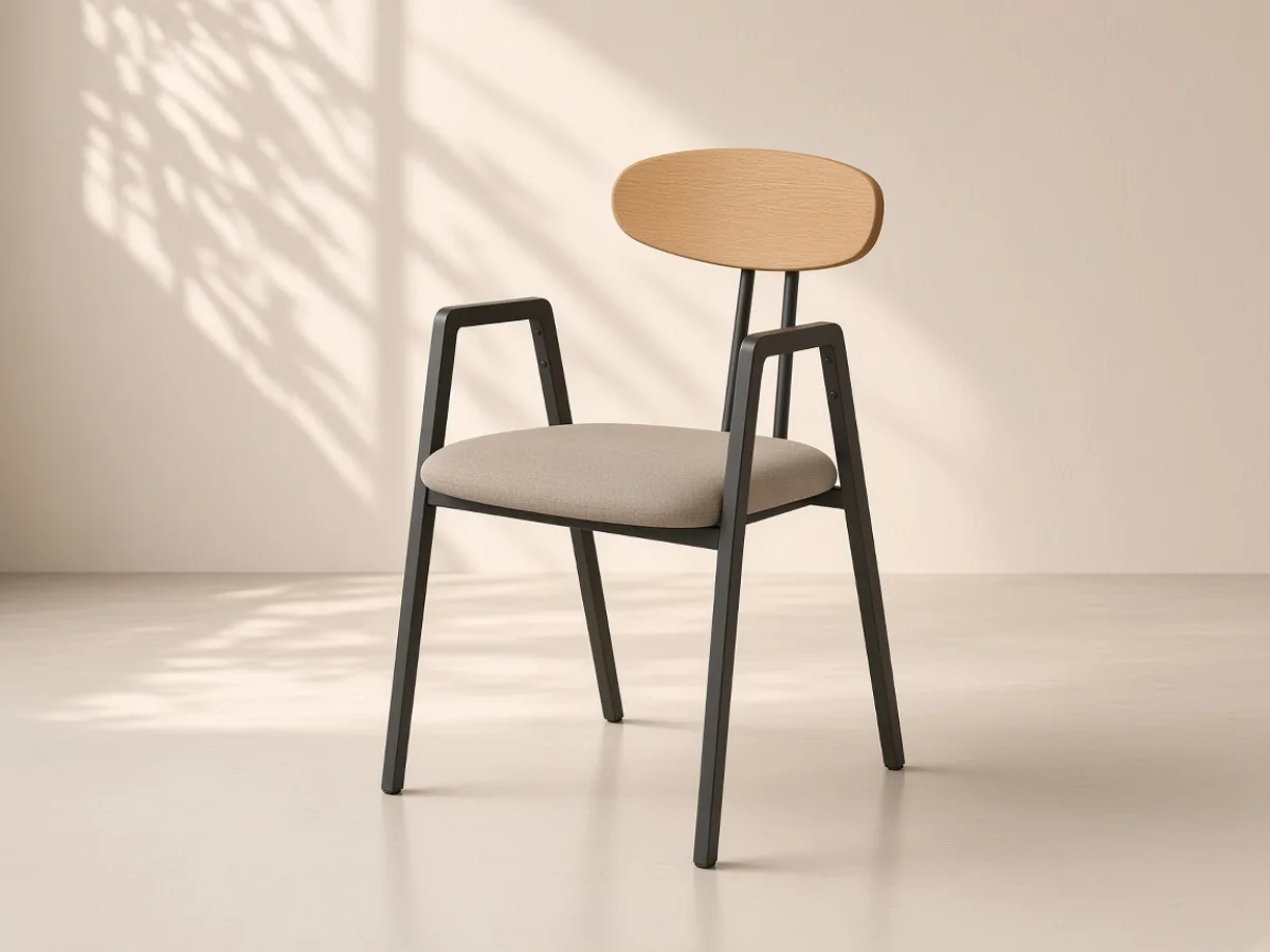 Wood-back dining chair — Wood back panel, fabric seat pad and steel tube frame