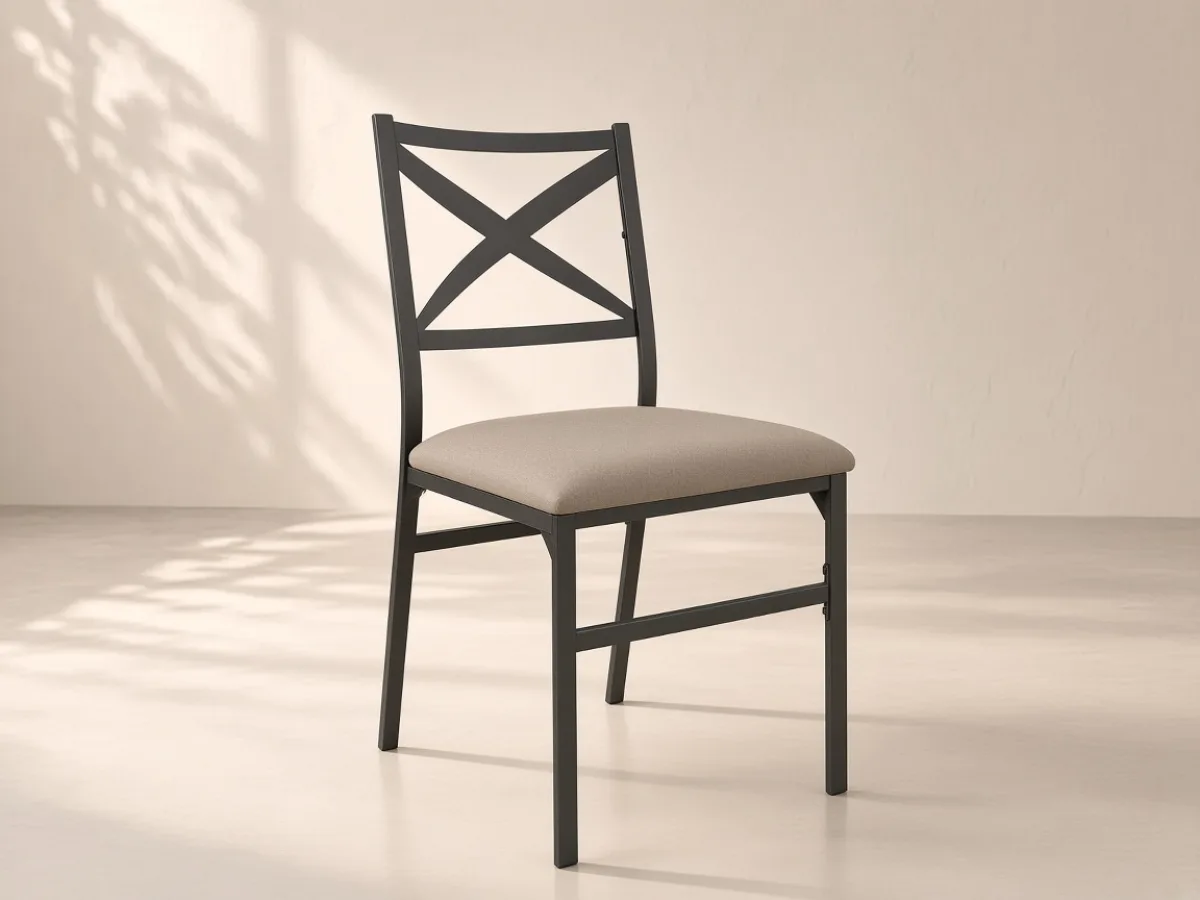 X-back dining chair — Metal X-back frame, upholstered seat and slender steel legs